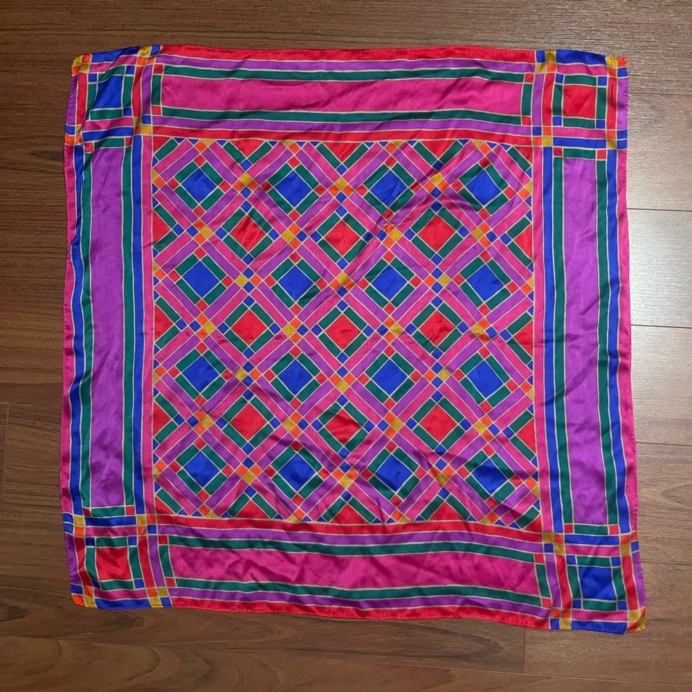 Vintage 80s Liz Claiborne silk scarf, colorful block 29 in square scarf